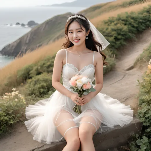 Prompt: Cute and glamorous 20-something Korean woman, very beautiful, baby face
Photoshoot wearing see-through mini wedding dress, garter belt, and high heels
Smiling expression
Outfit that emphasizes glamorous body
Clothing is a bit small
Chest sticks out
Holding a small bouquet in one hand.
Photoshoot on a windy seaside hill.
Skirt and veil blowing in the wind
Sitting on a bench with legs slightly spread
Thighs visible
Wearing a garter belt
splash art, hyper detailed, ultra realistic, highly detailed, surreal heavy mist, AI defined exquisitely beautiful, totally ultra realistic young adult Korean, gorgeously detailed facial features, sumptuous cleavage, perfect body proportions, ultra pale, ultra glamorous, perfect shading, impeccable contrast, HDR, UHD, high res, 64k