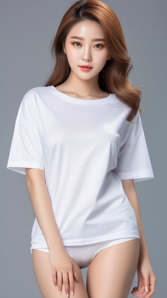 Prompt: oversized T-shirt that goes down to the knees, 
Outfit that emphasizes her glamorous body, full body, huge chest. AI defined exquisitely beautiful, totally ultra realistic young adult Korean, gorgeously detailed facial features, perfect body proportions, ultra pale, ultra glamorous, perfect shading, impeccable contrast, HDR, UHD, high res, 64k