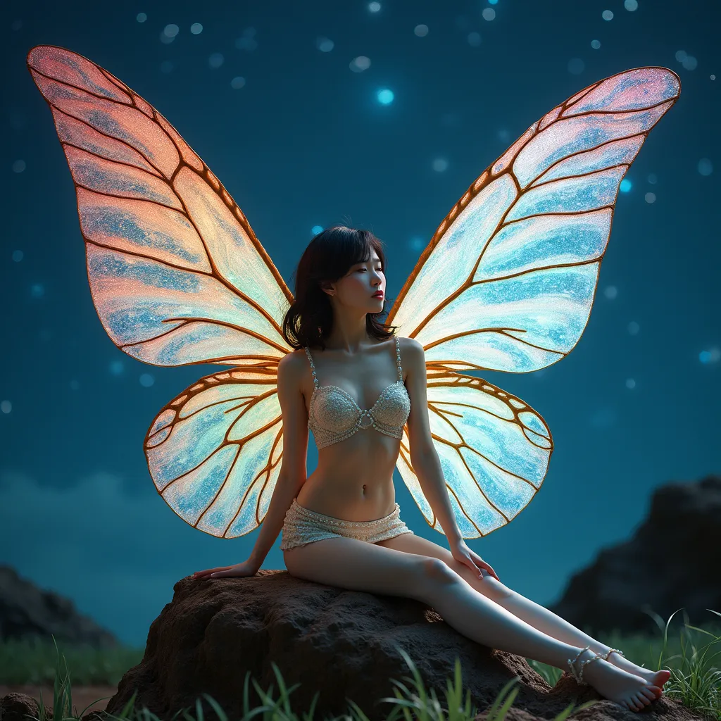 Prompt: fantastic fantasy art, young korean woman with gigantic colourful semi-transparent fairy wings, tight pearly outfit (short skirt, crop-top, belly-baring, decollete), sitting on a rock with spreded wide open legs, arms casually resting on her knees, beaded white decorated stockings, dark night with a magnificent starry sky in the background, hard spotlight lighting giving the picture a certain drama.