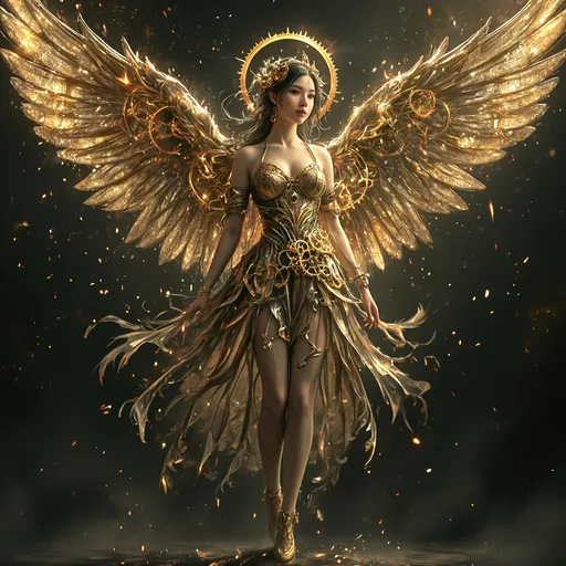 Prompt: (Clockwork angel), intricate mechanical wings, elegant gears intertwined, clockwork clothing and shoes, golden patina, ethereal glow, wisps of steam, serene expression, halo of delicate cogs, set against a dark atmospheric background, faint glimmering lights illuminating, mystical, enchanting, highly detailed, fantasy art style, invoking a sense of wonder, 4K, ultra-detailed.
hyper detailed, ultra realistic, highly detailed, AI defined exquisitely beautiful, totally ultra realistic young adult Korean, gorgeously detailed facial features, sumptuous cleavage, perfect body proportions, ultra pale, ultra glamorous, perfect shading, impeccable contrast, HDR, UHD, high res, 64k