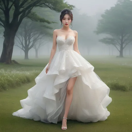 Prompt: full body shot, splash art, hyper detailed, ultra realistic, highly detailed, surreal heavy mist, AI defined exquisitely beautiful, totally ultra realistic young adult Korean, gorgeously detailed facial features, sumptuous cleavage, perfect body proportions, ultra pale, ultra glamorous bride, walking in a swirling fog, micro dress, on the grass, 

perfect shading, impeccable contrast, HDR, UHD, high res, 64k, cinematic lighting, special effects, hd octaneArtgerm, WLOP, dynamic studio quality lighting hyper-detailed, intricately detailed, Splash art, trending on Artstation, triadic colors, Unreal Engine 5 volumetric lighting, unreal engine, octane render.