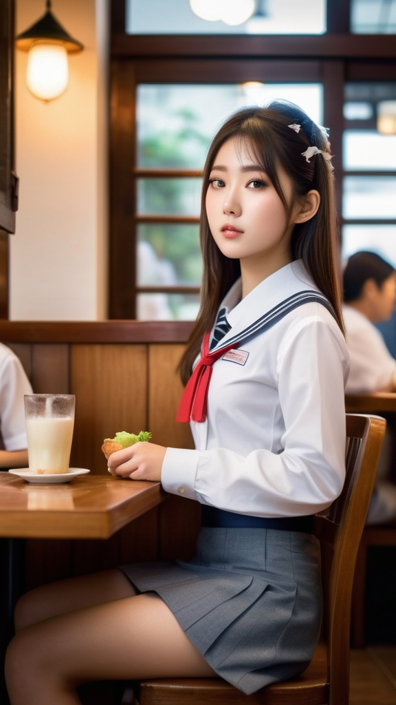 Prompt: An 18-year-old japanese cute girl wearing a mini school uniform sitting on a chair in a crowded restaurant waiting for food, deep cleavage, side view. full body

natural lighting, hyper detailed, ultra realistic, highly detailed, surreal heavy mist, AI defined exquisitely beautiful, totally ultra realistic, young adult Korean, gorgeously detailed facial features, sumptuous cleavage, perfect body proportions, ultra pale, ultra glamorous, perfect shading, impeccable contrast, HDR, UHD, high res, 64k