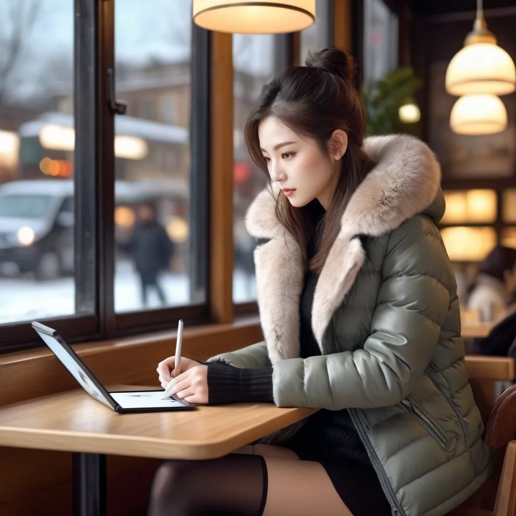 Prompt: A female artist drawing on a tablet in a cafe on a cold winter day is wearing a short fur jacket, miniskirt, and knee-high long boots.

AI defined exquisitely beautiful, totally ultra realistic young adult Korean, gorgeously detailed facial features,  perfect body proportions, ultra pale, ultra glamorous, perfect shading, impeccable contrast, HDR, UHD, high res, 64k