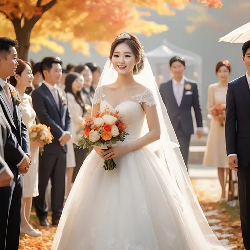 Prompt: A happy Korean bride walking down the aisle at an outdoor wedding venue while receiving congratulations from guests on a sunny autumn day
Cute and glamorous bride, very beautiful, baby face Wearing a stage costume Thighs visible splash art, hyper detailed, ultra realistic, highly detailed, surreal heavy mist, AI defined exquisitely beautiful, totally ultra realistic young adult Korean, gorgeously detailed facial features, sumptuous cleavage, perfect body proportions, ultra pale, ultra glamorous, perfect shading, impeccable contrast, HDR, UHD, high res, 64k