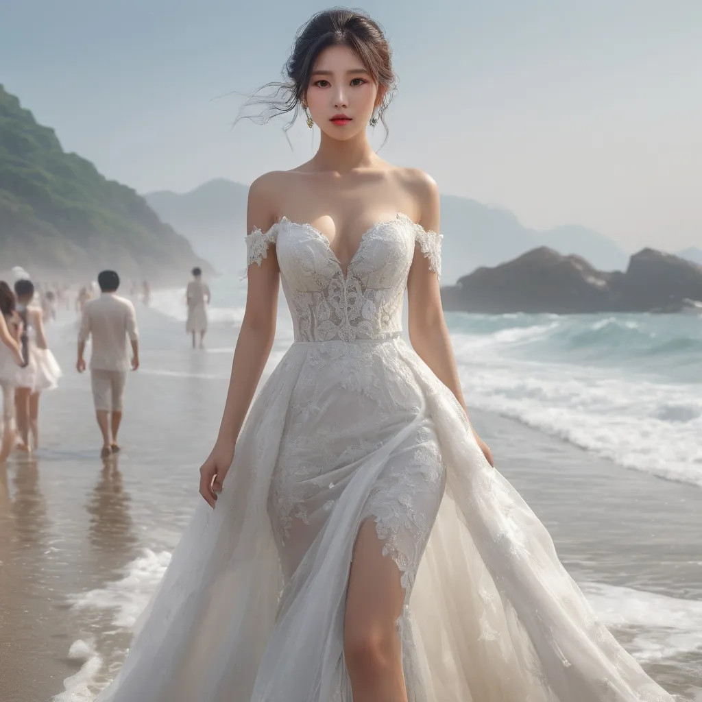 Prompt: splash art, hyper detailed, ultra realistic, highly detailed, surreal heavy mist, AI defined exquisitely beautiful, totally ultra realistic young adult Korean, gorgeously detailed facial features, sumptuous cleavage, perfect body proportions, ultra pale, ultra glamorous bride, walking in a crowded beach, Wet feet and dress, 

HDR, UHD, high res, 64k, cinematic lighting, special effects, hd octaneArtgerm