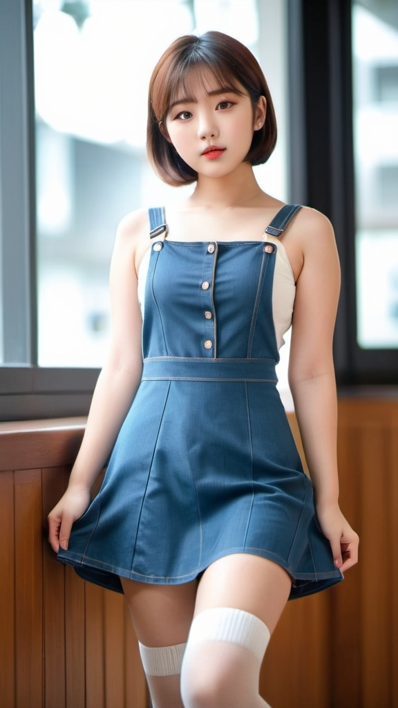 Prompt: 15 year old super cute Korean girl, mini dress, model, model pose, child model, 4K, 8K, high quality, high quality details, raw short hair, bang hair, slender, knee high socks, 5 inch platform flat shoes, chubby thighs, slim body