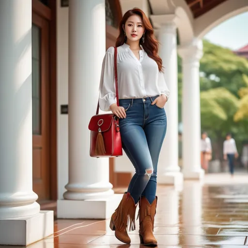 Prompt: Beautiful curvy but trim Korean woman, (gorgeous diamond face), white blouse, torn short denim jeans, light brown cowboy boots, suede fringe shoulder bag, long red-chestnut hair, green eyes, (standing under a modern portico), (sunny day), soft reflections on wet surfaces, moody ambiance, vibrant colors, high detail & quality, 8K, (photorealistic) pro photo, magical atmosphere.