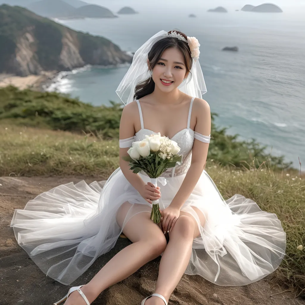 Prompt: Cute and glamorous 20-something Korean woman, very beautiful, baby face
Photoshoot wearing see-through mini wedding dress, garter belt, and high heels
Hairband on head
Smiling expression
Outfit that emphasizes glamorous body
Clothing is a bit small
Chest sticks out
Holding a small bouquet in one hand.
Photoshoot on a windy seaside hill.
Skirt and veil blowing in the wind
Sitting on a bench with legs slightly spread
Thighs visible
Wearing a garter belt
splash art, hyper detailed, ultra realistic, highly detailed, surreal heavy mist, AI defined exquisitely beautiful, totally ultra realistic young adult Korean, gorgeously detailed facial features, sumptuous cleavage, perfect body proportions, ultra pale, ultra glamorous, perfect shading, impeccable contrast, HDR, UHD, high res, 64k