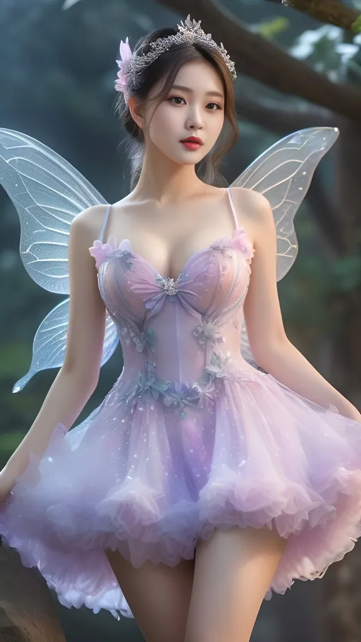 Prompt: Cute and glamorous fairy, very beautiful, baby face
Thighs visible
Wearing a dress
splash art, hyper detailed, ultra realistic, highly detailed, surreal heavy mist, AI defined exquisitely beautiful, totally ultra realistic young adult Korean, gorgeously detailed facial features, sumptuous cleavage, perfect body proportions, ultra pale, ultra glamorous, perfect shading, impeccable contrast, HDR, UHD, high res, 64k