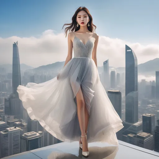 Prompt: korean dior dress model in advertisement, heel pumps, 
She stands on top of a skyscraper and looks out over the city.
Sunny weather, dress blowing in the wind, 

Full body shot, hyper detailed, ultra realistic, highly detailed, surreal heavy mist, AI defined exquisitely beautiful, totally ultra realistic young adult Korean, gorgeously detailed facial features, perfect body proportions, ultra pale, ultra glamorous, perfect shading, impeccable contrast, HDR, UHD, high res, 64k