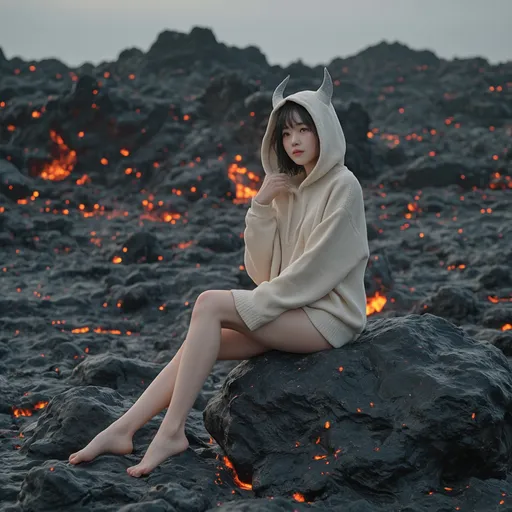 Prompt: A Korean woman devil Sitting on a black stone in a lava field wearing only an oversized hood knit, full body, photo, Lava is flowing behind.
visible thighs, hyper detailed, ultra realistic, highly detailed, AI defined exquisitely beautiful, totally ultra realistic young adult Korean, gorgeously detailed facial features, perfect body proportions, ultra pale, ultra glamorous, HDR, UHD, high res, 64k, cinematic lighting, special effects, hd octaneArtgerm