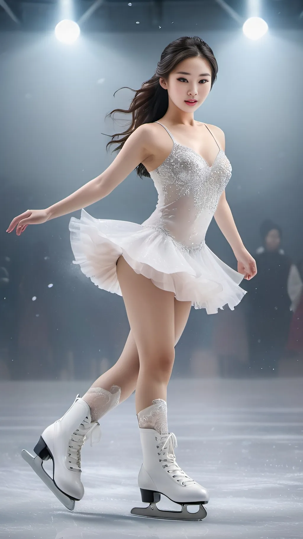 Prompt: Beautiful 20-something Korean woman figure skating.
full body shot
splash art, hyper detailed, ultra realistic, highly detailed, surreal heavy mist, AI defined exquisitely beautiful, totally ultra realistic young adult Korean, gorgeously detailed facial features, sumptuous cleavage, perfect body proportions, ultra pale, ultra glamorous, perfect shading, impeccable contrast, HDR, UHD, high res, 64k