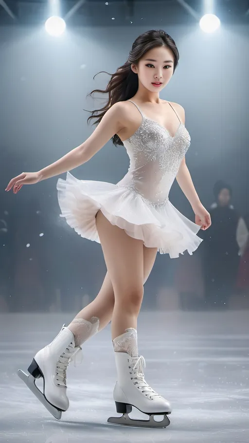 Prompt: Beautiful 20-something Korean woman figure skating.
full body shot
splash art, hyper detailed, ultra realistic, highly detailed, surreal heavy mist, AI defined exquisitely beautiful, totally ultra realistic young adult Korean, gorgeously detailed facial features, sumptuous cleavage, perfect body proportions, ultra pale, ultra glamorous, perfect shading, impeccable contrast, HDR, UHD, high res, 64k