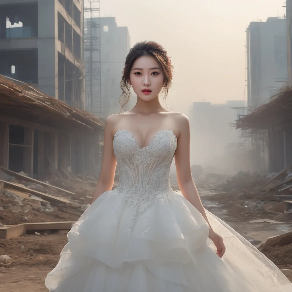 Prompt: splash art, hyper detailed, ultra realistic, highly detailed, surreal heavy mist, AI defined exquisitely beautiful, totally ultra realistic young adult Korean, gorgeously detailed facial features, sumptuous cleavage, perfect body proportions, ultra pale, ultra glamorous bride, walking in a Construction site, 

HDR, UHD, high res, 64k, cinematic lighting, special effects, hd octaneArtgerm