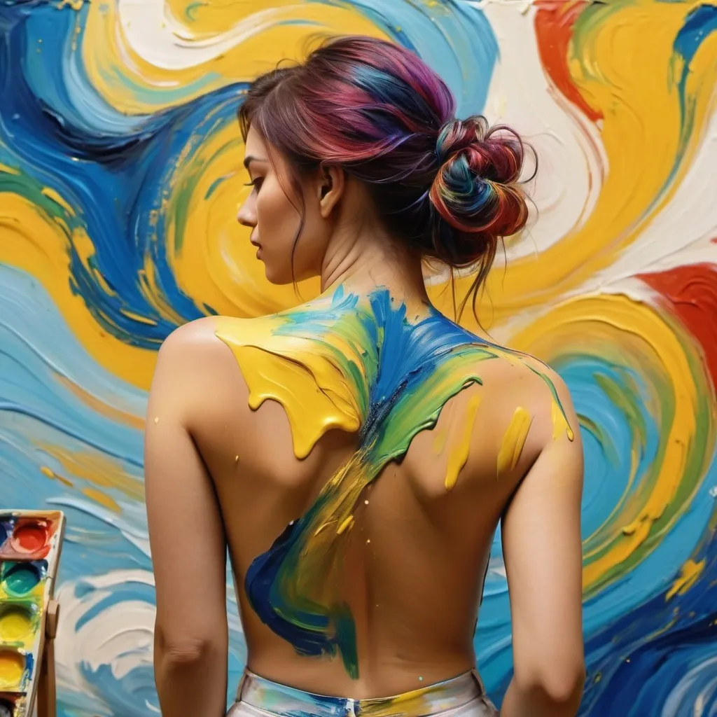 Prompt: Back view of an artist painting an abstract painting on canvas in the style of Van Gogh
Female artist
Dynamic performance
Glamorous body
Paint smeared all over the body