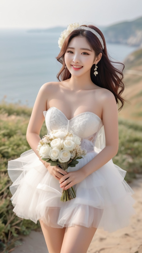 Prompt: Cute and glamorous 18years Korean idol, very beautiful, baby face, 
Photoshoot wearing see-through mini wedding dress, garter belt, and high heels, 
Smiling expression, 
Outfit that emphasizes glamorous body, 
Clothing is a bit small, 
Chest sticks out, 
Holding a small bouquet in one hand.
Photoshoot on a windy seaside hill.
Skirt and veil blowing in the wind, 
chubby Thighs visible, 
hyper detailed, ultra realistic, highly detailed, surreal heavy mist, AI defined exquisitely beautiful, totally ultra realistic young adult Korean, gorgeously detailed facial features, sumptuous cleavage, perfect body proportions, ultra pale, ultra glamorous, perfect shading, impeccable contrast, HDR, UHD, high res, 64k