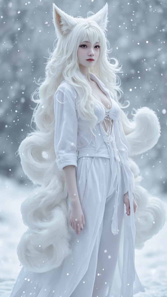 Prompt: Gumiho, human-shaped nine-tailed fox, beautiful appearance, captivating appearance, bewitching expression, dazzlingly beautiful face, pale skin, white hair, white clothes, full body, no shoes, bare feet, side view, nine tails, soft tail hair, shiny tail hair, 
enchanting atmosphere, cold winter day, snow, snow sparkling, 
totally ultra realistic young adult Korean, gorgeously detailed facial features, sumptuous cleavage, perfect body proportions, ultra pale, ultra glamorous, perfect shading, impeccable contrast, HDR, UHD, high res, 64k