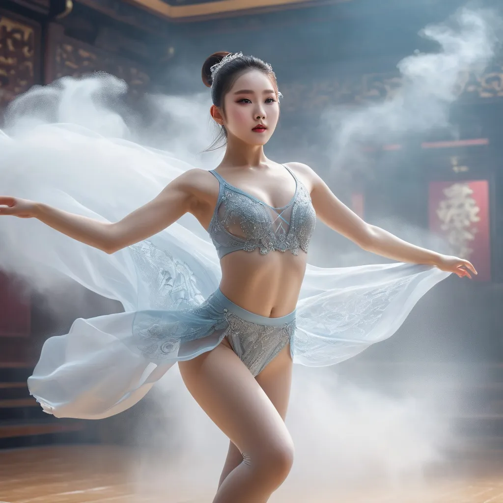 Prompt: splash art, hyper detailed, ultra realistic, highly detailed, surreal heavy mist, Detailed full body depiction, AI defined exquisitely beautiful, totally ultra realistic young adult Korean, gorgeously detailed facial features, sumptuous cleavage, perfect body proportions, ultra pale, ultra glamorous gymnast, dancing with two coshs, 
HDR, UHD, high res, 64k, hd octaneArtgerm