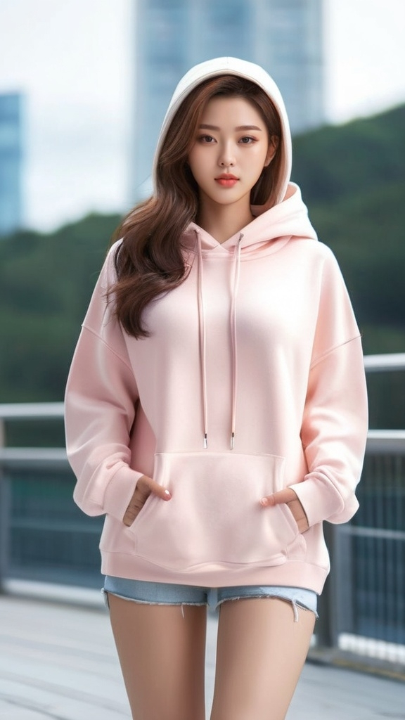 Prompt: No bottoms, 
oversized hoodie that reaches down to the knees, 
Outfit that emphasizes her glamorous body, full body, huge chest. AI defined exquisitely beautiful, totally ultra realistic young adult Korean, gorgeously detailed facial features, perfect body proportions, ultra pale, ultra glamorous, perfect shading, impeccable contrast, HDR, UHD, high res, 64k