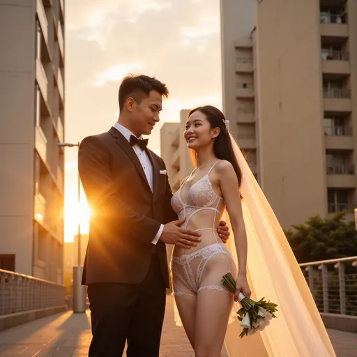 Prompt: sunset, warm feeling,
A Korean groom and bride are having their wedding photoshoot Between the windy buildings. 

The groom is holding the bride's waist with one hand.
The groom is wearing a tight-fitting suit.

The bride is wearing a see-through mini wedding dress.
She is wearing stockings, a garter belt, and a veil.
The veil and dress are blowing in the wind.
hyper detailed, ultra realistic, highly detailed, AI defined exquisitely beautiful, totally ultra realistic young adult Korean, gorgeously detailed facial features, perfect body proportions, ultra pale, ultra glamorous, HDR, UHD, high res, 64k, cinematic lighting, special effects, hd octaneArtgerm