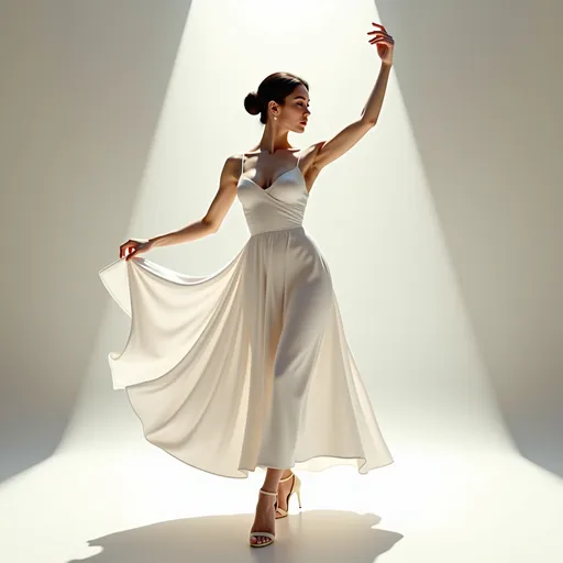 Prompt: Full body of a woman dancing, 
a woman in a white dress is dancing on a dance floor with a light background and a spotlight in the background, Chen Jiru, arabesque, elegant pose, a marble sculpture, 
AI defined exquisitely beautiful, totally ultra realistic young adult Korean, gorgeously detailed facial features, sumptuous cleavage, perfect body proportions, ultra pale, ultra glamorous, perfect shading, impeccable contrast, HDR, UHD, high res, 64k