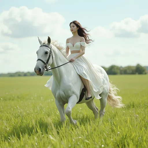 Prompt: Cute 20-something Korean woman riding a horse in a dress.
Dress blowing in the wind, firm abs and thighs, no shoes, horse running through green fields, 
hyper detailed, ultra realistic, highly detailed, AI defined exquisitely beautiful, totally ultra realistic young adult Korean, gorgeously detailed facial features, sumptuous cleavage, perfect body proportions, ultra pale, ultra glamorous, HDR, UHD, high res, 64k, cinematic lighting, special effects, hd octaneArtgerm