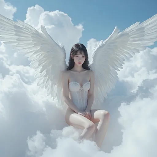 Prompt: A Korean woman angel sitting on a cloud on a sky wearing only a Garter belt and stockings, full body, photo, 
visible thighs, hyper detailed, ultra realistic, highly detailed, AI defined exquisitely beautiful, totally ultra realistic young adult Korean, gorgeously detailed facial features, perfect body proportions, ultra pale, ultra glamorous, HDR, UHD, high res, 64k, cinematic lighting, special effects, hd octaneArtgerm