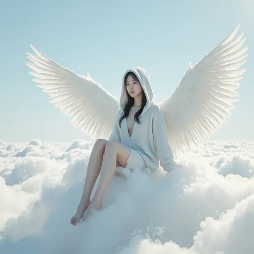 Prompt: A Korean woman angel sitting on a cloud on a sky wearing only an oversized hood knit, full body, photo, 
visible thighs, hyper detailed, ultra realistic, highly detailed, AI defined exquisitely beautiful, totally ultra realistic young adult Korean, gorgeously detailed facial features, perfect body proportions, ultra pale, ultra glamorous, HDR, UHD, high res, 64k, cinematic lighting, special effects, hd octaneArtgerm
