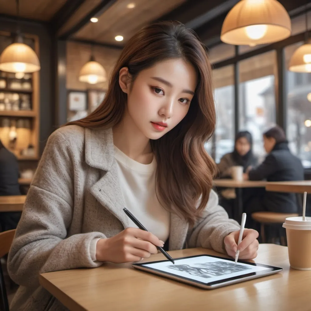 Prompt: A female artist drawing on a tablet in a cafe during the cold winter

AI defined exquisitely beautiful, totally ultra realistic young adult Korean, gorgeously detailed facial features,  perfect body proportions, ultra pale, ultra glamorous, perfect shading, impeccable contrast, HDR, UHD, high res, 64k