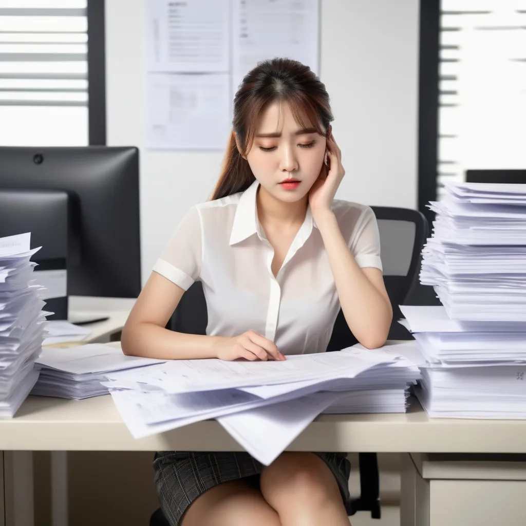 Prompt: In the hot summer, a korean woman in the office is wearing a short-sleeved blouse, a miniskirt, and ankle boots.
There are piles of paperwork at her desk.
A stressed expression, 
She has a headache, 
her face is grimacing, and she touches her head with her hands.
plump hip

AI defined exquisitely beautiful, totally ultra realistic young adult Korean, gorgeously detailed facial features,  sumptuous cleavage, perfect body proportions, ultra pale, ultra glamorous, perfect shading, impeccable contrast, HDR, UHD, high res, 64k