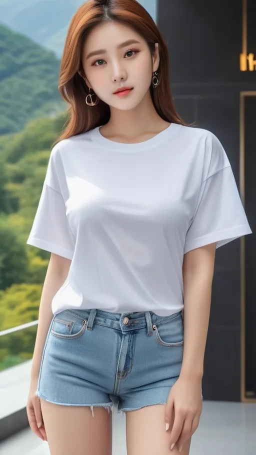 Prompt: oversized T-shirt that goes down to the knees, 
Outfit that emphasizes her glamorous body, full body, huge chest. AI defined exquisitely beautiful, totally ultra realistic young adult Korean, gorgeously detailed facial features, perfect body proportions, ultra pale, ultra glamorous, perfect shading, impeccable contrast, HDR, UHD, high res, 64k