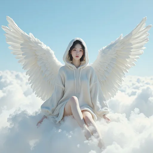 Prompt: A Korean woman angel sitting on a cloud on a sky wearing only an oversized hood knit, full body, photo, 
visible thighs, hyper detailed, ultra realistic, highly detailed, AI defined exquisitely beautiful, totally ultra realistic young adult Korean, gorgeously detailed facial features, perfect body proportions, ultra pale, ultra glamorous, HDR, UHD, high res, 64k, cinematic lighting, special effects, hd octaneArtgerm
