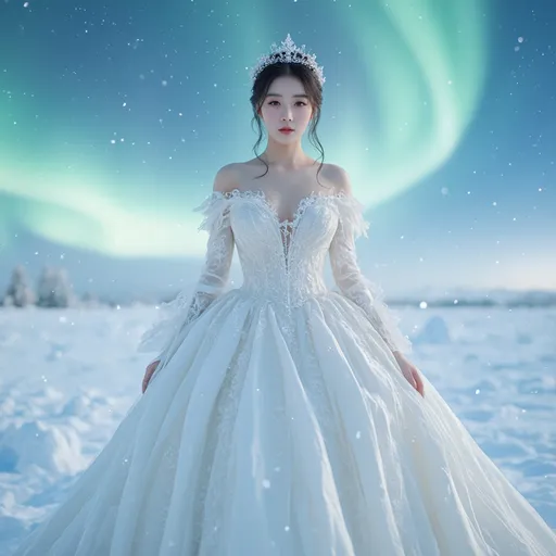 Prompt: (A full body image)A young, beautiful Northeast Asia woman wearing A beautiful winter bridal gown designed for cold weather. Taking a bridal photoshoot in the snowy Arctic with the Northern Lights in the background.
hyper detailed, ultra realistic, highly detailed, AI defined exquisitely beautiful, totally ultra realistic young adult Korean, gorgeously detailed facial features, sumptuous cleavage, perfect body proportions, ultra pale, ultra glamorous, perfect shading, impeccable contrast, HDR, UHD, high res, 64k