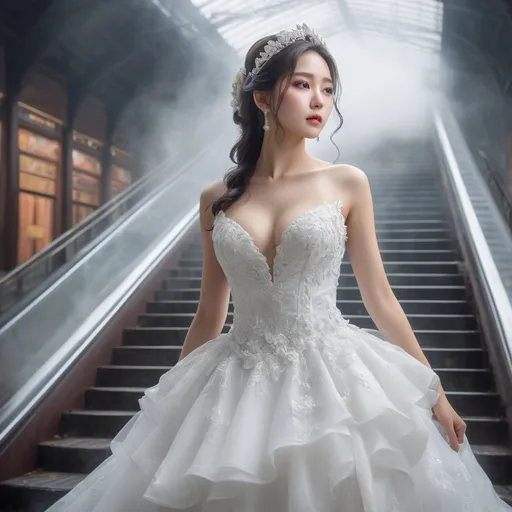 Prompt: splash art, hyper detailed, ultra realistic, highly detailed, surreal heavy mist, AI defined exquisitely beautiful, totally ultra realistic young adult Korean, gorgeously detailed facial features, sumptuous cleavage, perfect body proportions, ultra pale, ultra glamorous bride, walking in a train station, Climbing the stairs to catch the train, 

HDR, UHD, high res, 64k, cinematic lighting, special effects, hd octaneArtgerm