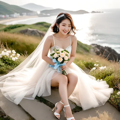 Prompt: Cute and glamorous 20-something Korean woman, very beautiful, baby face
Photoshoot wearing see-through mini wedding dress, garter belt, and high heels
Smiling expression
Outfit that emphasizes glamorous body
Clothing is a bit small
Chest sticks out
Holding a small bouquet in one hand.
Photoshoot on a windy seaside hill.
Skirt and veil blowing in the wind
Sitting on a bench with legs slightly spread
Thighs visible
Wearing a garter belt
splash art, hyper detailed, ultra realistic, highly detailed, surreal heavy mist, AI defined exquisitely beautiful, totally ultra realistic young adult Korean, gorgeously detailed facial features, sumptuous cleavage, perfect body proportions, ultra pale, ultra glamorous, perfect shading, impeccable contrast, HDR, UHD, high res, 64k