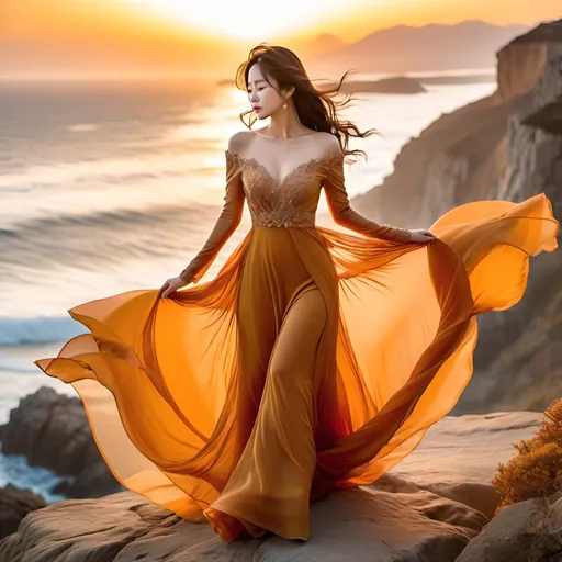 Prompt: (Beautiful korean woman), elegant long flowing gossamer dress, dramatic wind-blown movement, perched on a rugged cliff top, vibrant sunset colors illuminating the sky, serene sea and beach below, warm golden hues, breathtaking scenery, soft romantic ambiance, vivid details, high depth cinematic masterpiece, ultra-detailed, atmospheric setting.