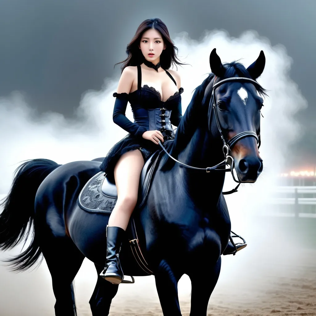 Prompt: Beautiful woman riding a black horse,
Wearing a garter belt, hyper detailed, ultra realistic, highly detailed, surreal heavy mist, AI defined exquisitely beautiful, totally ultra realistic young adult Korean, gorgeously detailed facial features, sumptuous cleavage, perfect body proportions, ultra pale, ultra glamorous, perfect shading, impeccable contrast, HDR, UHD, high res, 64k