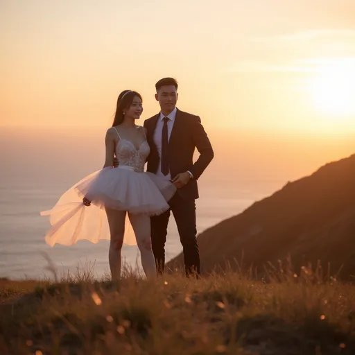 Prompt: Sunset over the sea, sunset, warm feeling,
A Korean groom and bride are having their wedding photoshoot on a windy hill above the sea. 

The groom is holding the bride's waist with one hand.
The groom is wearing a tight-fitting suit.

The bride is wearing a see-through mini wedding dress.
She is wearing stockings, a garter belt, and a veil.
The veil and dress are blowing in the wind.
hyper detailed, ultra realistic, highly detailed, AI defined exquisitely beautiful, totally ultra realistic young adult Korean, gorgeously detailed facial features, perfect body proportions, ultra pale, ultra glamorous, HDR, UHD, high res, 64k, cinematic lighting, special effects, hd octaneArtgerm