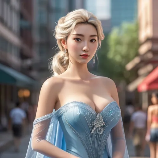 Prompt: Full body shot of Elsa wearing, in the city
AI defined exquisitely beautiful, totally ultra realistic young adult Korean, gorgeously detailed facial features, sumptuous cleavage, perfect body proportions, ultra pale, ultra glamorous, perfect shading, impeccable contrast, HDR, UHD, high res, 64k