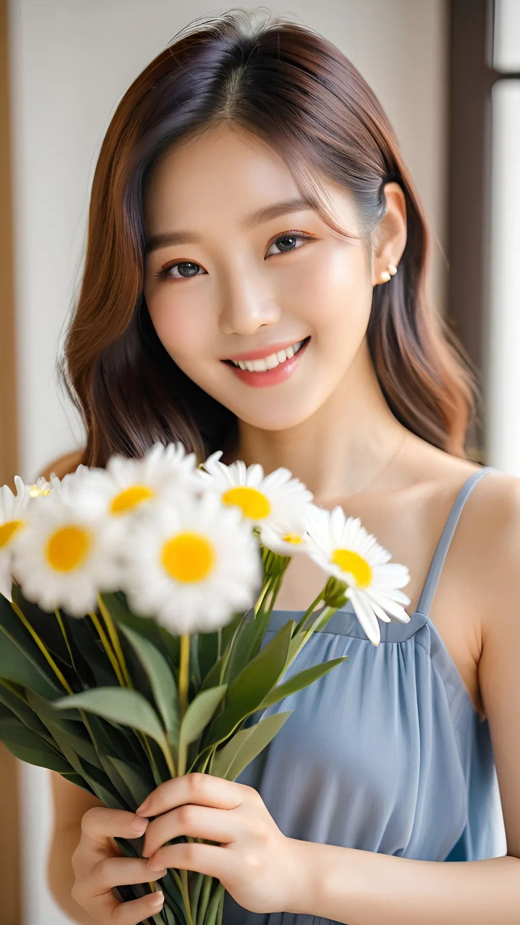 Prompt: A beautiful Korean woman in her 20s holding flowers and smiling brightly