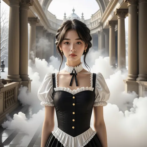 Prompt: splash art, hyper detailed, ultra realistic, highly detailed, surreal heavy mist, AI defined exquisitely beautiful, totally ultra realistic young adult Korean, gorgeously detailed facial features, sumptuous cleavage, perfect body proportions, ultra pale, ultra glamorous, Wearing a French maid outfit in the palace

Perfect studio lighting, perfect shading, impeccable contrast, HDR, UHD, high res, 64k