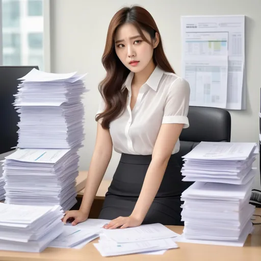 Prompt: In the hot summer, a korean woman in the office is wearing a short-sleeved blouse, a miniskirt, and ankle boots.
There are piles of paperwork at her desk.
A stressed expression, 
She has a headache, 
her face is grimacing, and she touches her head with her hands.
plump hip

AI defined exquisitely beautiful, totally ultra realistic young adult Korean, gorgeously detailed facial features,  sumptuous cleavage, perfect body proportions, ultra pale, ultra glamorous, perfect shading, impeccable contrast, HDR, UHD, high res, 64k