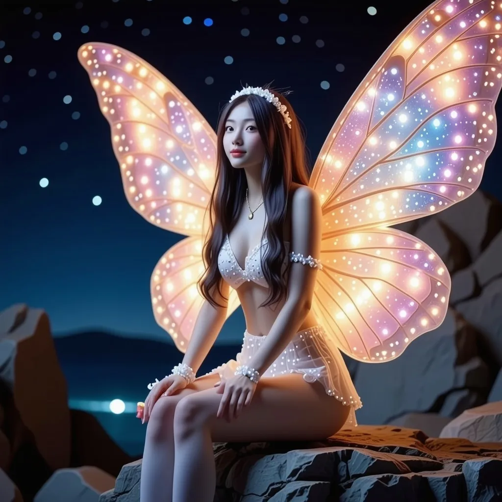 Prompt: fantastic fantasy art, young korean woman with gigantic colourful semi-transparent fairy wings, tight pearly outfit (short skirt, crop-top, belly-baring, decollete), sitting on a rock with spreded wide open legs, arms casually resting on her knees, beaded white decorated stockings, chubby thighs, dark night with a magnificent starry sky in the background, hard spotlight lighting giving the picture a certain drama.
AI defined exquisitely beautiful, totally ultra realistic young adult Korean, gorgeously detailed facial features, sumptuous cleavage, perfect body proportions, ultra pale, ultra glamorous, chubby, fat, perfect shading, impeccable contrast, HDR, UHD, high res, 64k