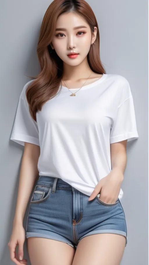 Prompt: oversized T-shirt that goes down to the knees, 
Outfit that emphasizes her glamorous body, full body, huge chest. AI defined exquisitely beautiful, totally ultra realistic young adult Korean, gorgeously detailed facial features, perfect body proportions, ultra pale, ultra glamorous, perfect shading, impeccable contrast, HDR, UHD, high res, 64k