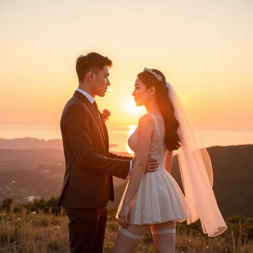 Prompt: Sunset over the sea, sunset, warm feeling,
A Korean groom and bride are having their wedding photoshoot on a windy hill above the sea. 

The groom is holding the bride's waist with one hand.
The groom is wearing a tight-fitting suit.

The bride is wearing a see-through mini wedding dress.
She is wearing stockings, a garter belt, and a veil.
The veil and dress are blowing in the wind.
hyper detailed, ultra realistic, highly detailed, AI defined exquisitely beautiful, totally ultra realistic young adult Korean, gorgeously detailed facial features, perfect body proportions, ultra pale, ultra glamorous, HDR, UHD, high res, 64k, cinematic lighting, special effects, hd octaneArtgerm