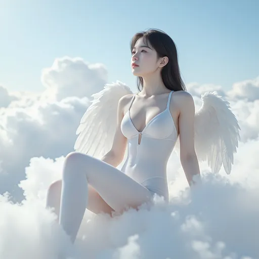 Prompt: A 18s Korean girl angel sitting on a cloud on a sky wearing only a Full body tights, full body, photo, 
visible thighs, hyper detailed, ultra realistic, highly detailed, AI defined exquisitely beautiful, totally ultra realistic young adult Korean, gorgeously detailed facial features, perfect body proportions, ultra pale, ultra glamorous, HDR, UHD, high res, 64k, cinematic lighting, special effects, hd octaneArtgerm