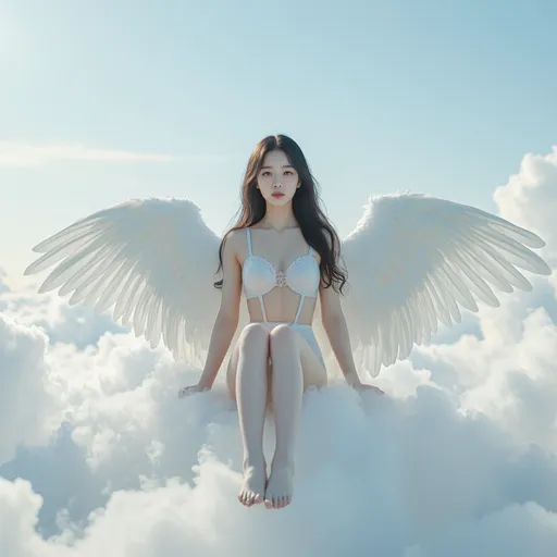 Prompt: A Korean woman angel sitting on a cloud on a sky wearing only a Garter belt and stockings, full body, photo, 
visible thighs, hyper detailed, ultra realistic, highly detailed, AI defined exquisitely beautiful, totally ultra realistic young adult Korean, gorgeously detailed facial features, perfect body proportions, ultra pale, ultra glamorous, HDR, UHD, high res, 64k, cinematic lighting, special effects, hd octaneArtgerm