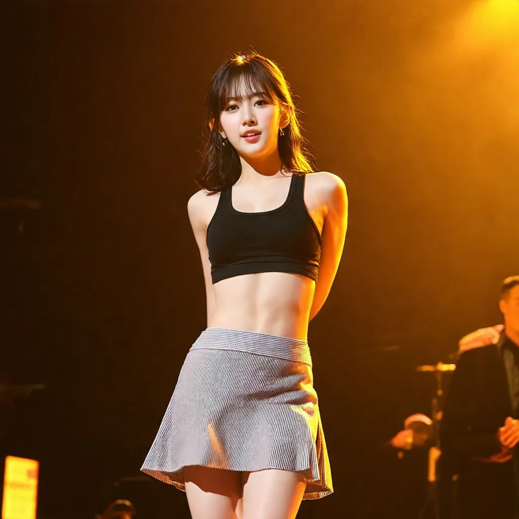 Prompt: A korean girl idol is dancing on stage wearing a tank top and a short miniskirt.
AI defined exquisitely beautiful, totally ultra realistic young adult Korean, gorgeously detailed facial features, sumptuous cleavage, perfect body proportions, ultra pale, ultra glamorous, perfect shading, impeccable contrast, HDR, UHD, high res, 64k