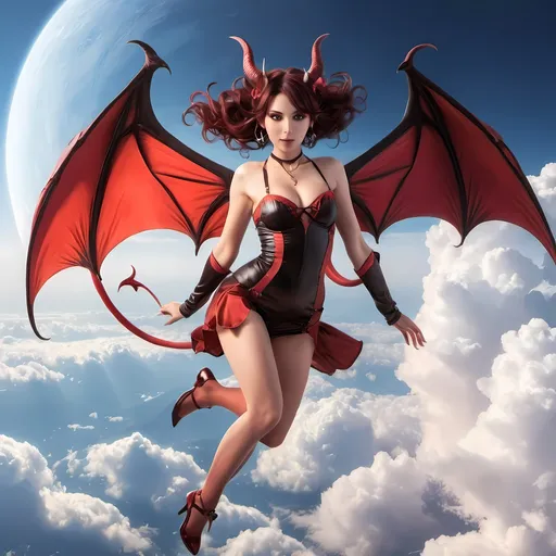 Prompt: A succubus in the form of a woman in her 20s flying in the sky