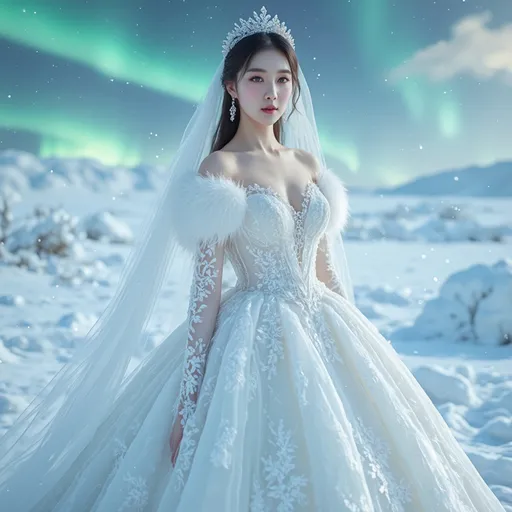 Prompt: (A full body image)A young, beautiful Northeast Asia woman wearing A beautiful winter bridal gown designed for cold weather. Taking a bridal photoshoot in the snowy Arctic with the Northern Lights in the background.
hyper detailed, ultra realistic, highly detailed, AI defined exquisitely beautiful, totally ultra realistic young adult Korean, gorgeously detailed facial features, sumptuous cleavage, perfect body proportions, ultra pale, ultra glamorous, perfect shading, impeccable contrast, HDR, UHD, high res, 64k